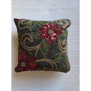 Pier 1‎ Poinsettia Beaded & Sequin Christmas Holiday Pillow 11 Inch Green & Red